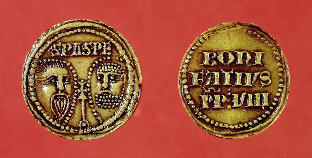 Segl med St. Pauls og St. Peters hoveder, fra en tyr af Pave Boniface VIII, recto og verso, 1295 (voks) af French School