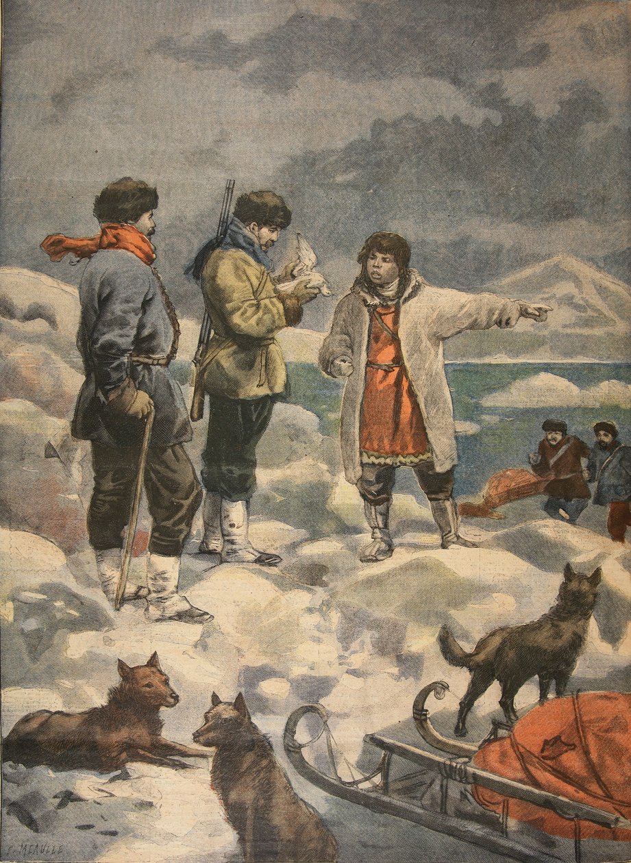 Søger efter Andree, News!, illustration fra Le Petit Journal: Supplement illustre, 1898 af French School