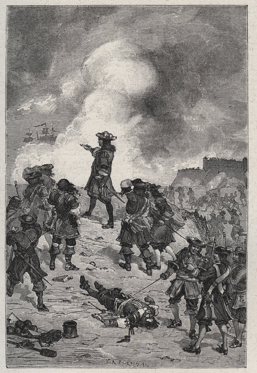 Sebastian the Prestre herre af Vauban (1633-1717), marechal af Frankrig forsvarer Brest mod et angreb fra den engelske flåde i 1695 - indgravering i "Les Hommes Celebres de la France" af Louis Dumas 1889 af French School