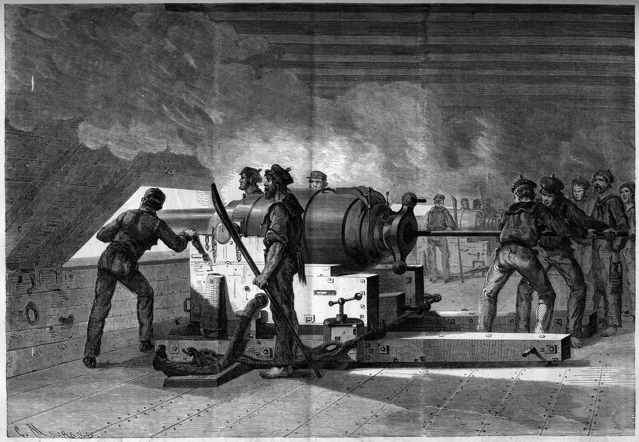 Løsrivelseskrig (1861-1865) eller amerikansk borgerkrig - søslag ved Hampton Roads (Virginia) - 8.-9. marts af French School