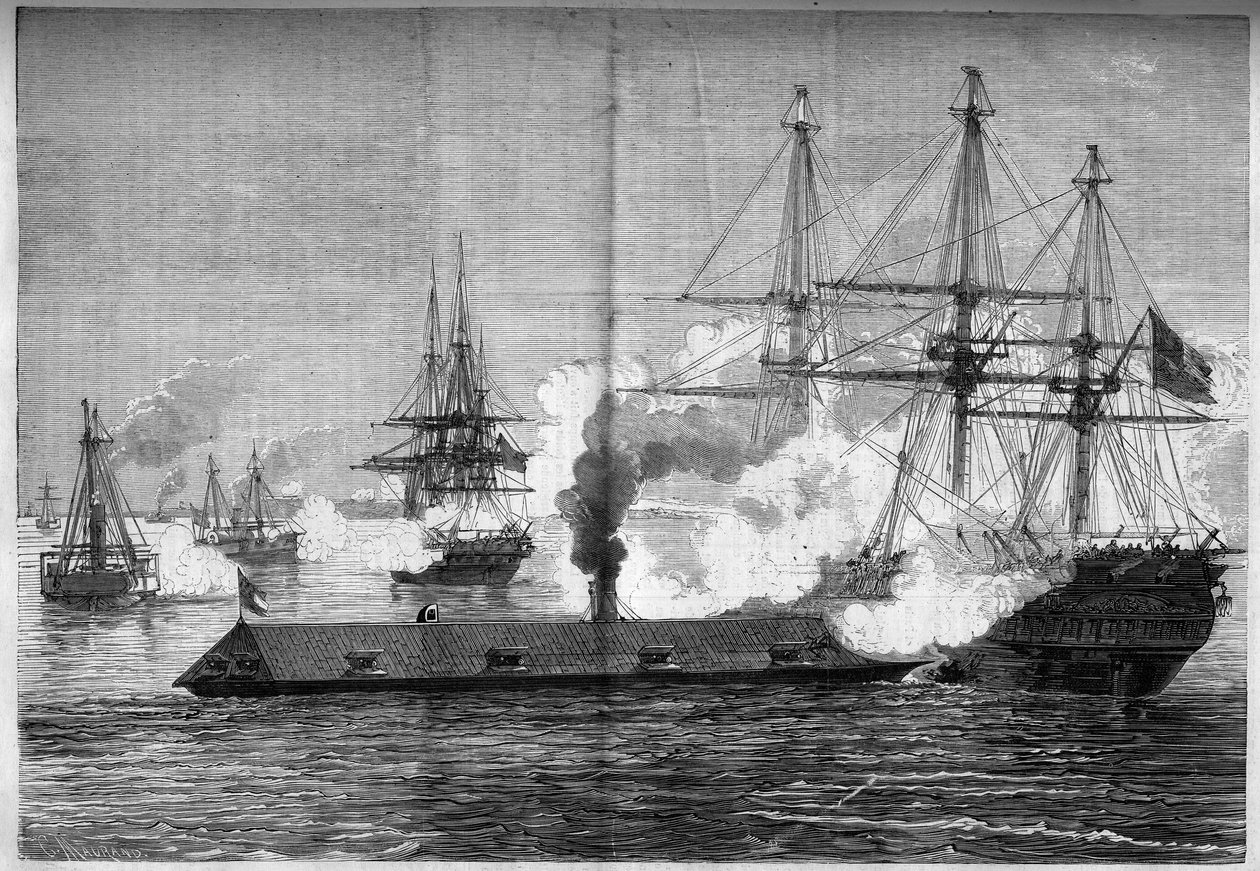 Løsrivelseskrig (1861-1865) eller amerikansk borgerkrig - Søslaget ved Newport News (Virginia) - 8.-9. marts af French School