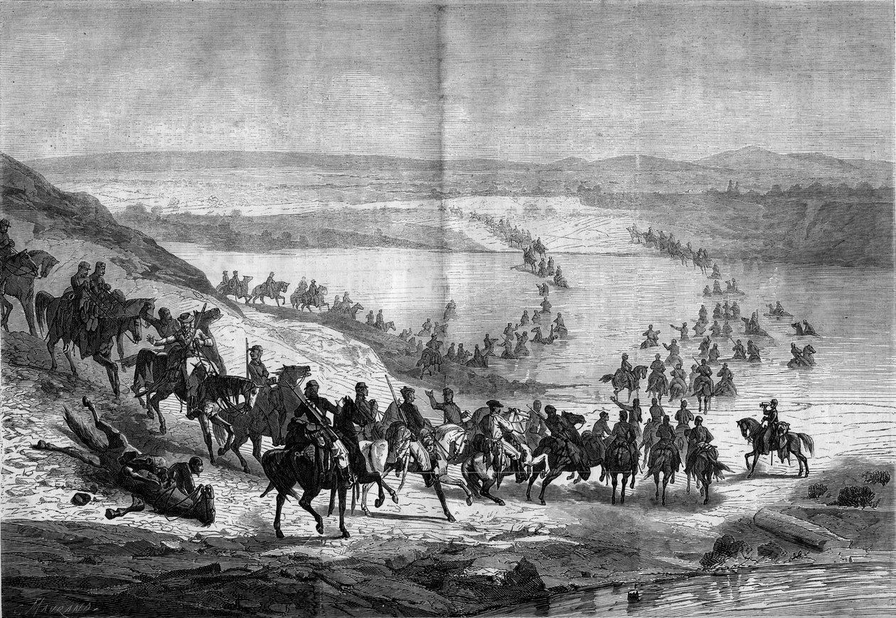 Secession War (1861-1865) eller amerikansk borgerkrig: krydser Potomac af general Stuarts sydlige kavaleri. Indgravering i "" Le Monde Illustré"" nr. 293 af 22. november af French School