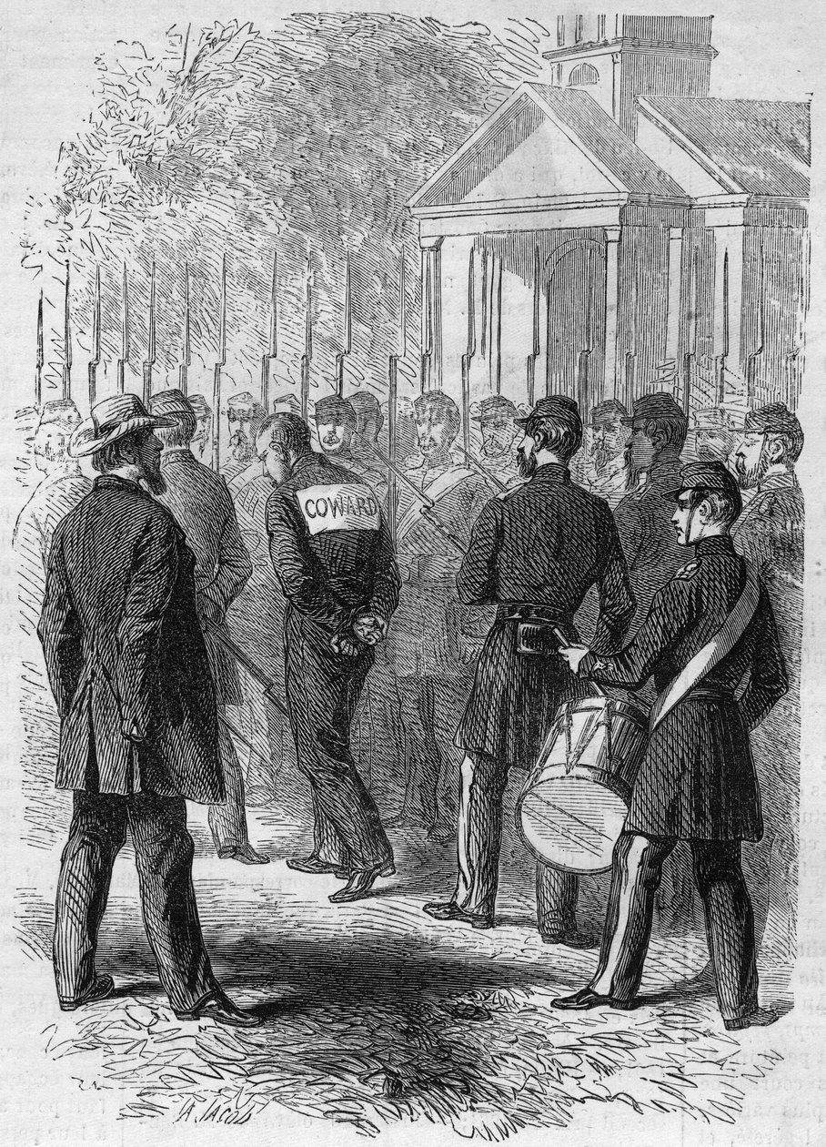 Løsrivelseskrig (1861-1865) eller amerikansk borgerkrig: straf af en soldat af det nordlige våben anklaget for hete i kamp. Med sine hænder bundet, et "Lache"-skilt på ryggen, krydser han lejren ved lyden af tromme. Indgravering i "" Le Monde Illustré"" nr af French School