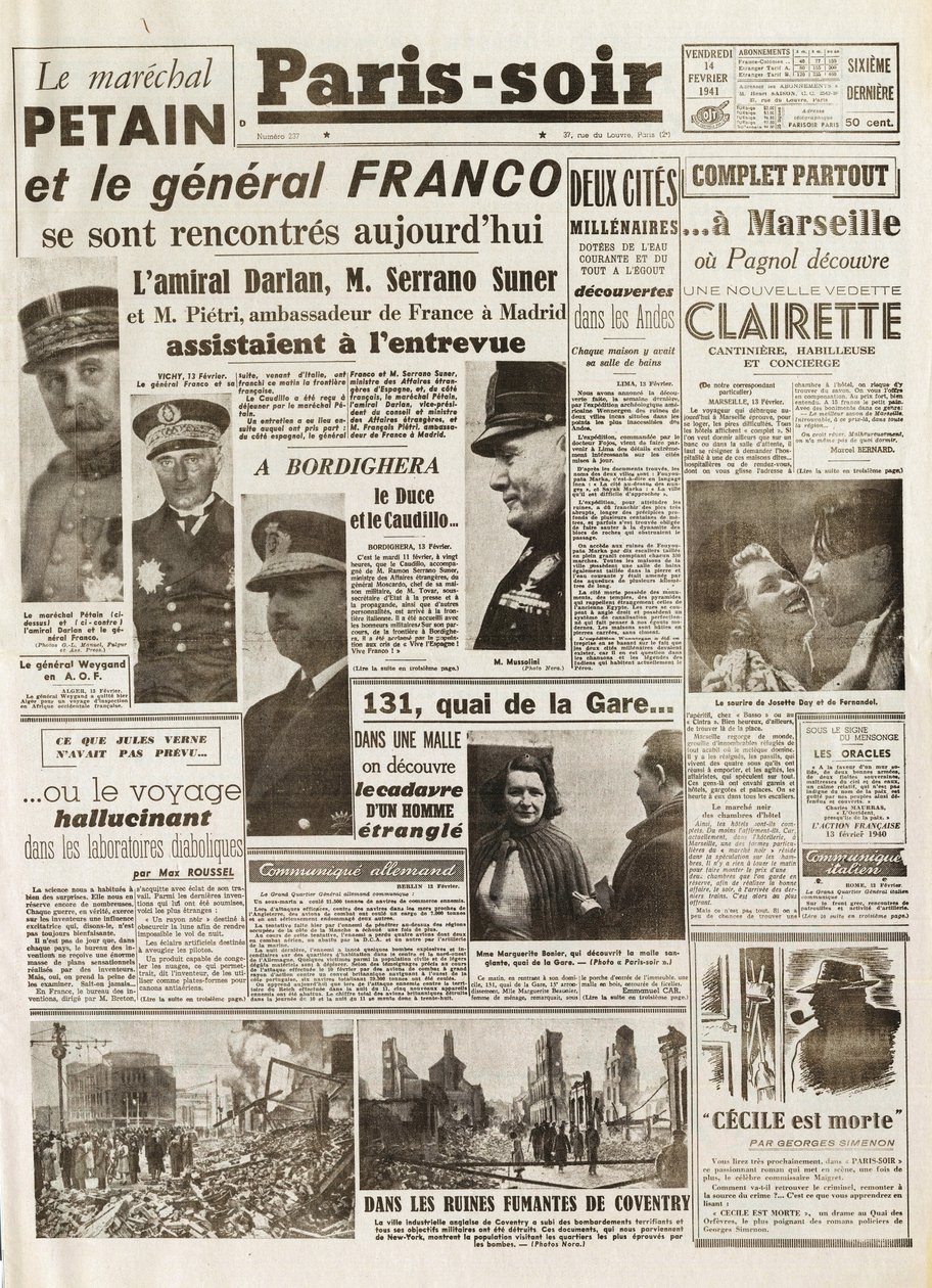 Anden Verdenskrig (1939-1945) - Anden Verdenskrig (WWII eller WW2): PARIS KILDE [Nr. 237] af 14/02/1941 - Møde mellem LE MARECHAL PETAIN og GENERAL FRANCO - af French School