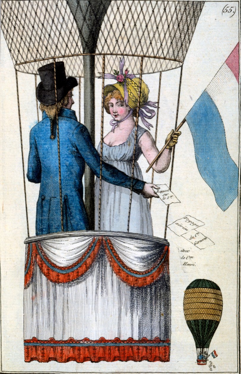 Anden flyvning af Garnerin med Citoyenne Henri fra Parc Monceau, 8. juli 1798, fra Costumes Parisiens, ca. 1798 af French School