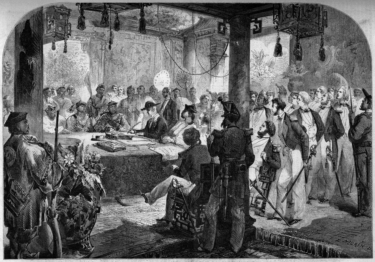 Anden opiumskrig mellem Frankrig og England og Kina (1858-1860) - underskrivelse af Tianjin-traktaten (Tientsin) i 1858: engelske og franske ambassadører Lord Elgin (James Bruce) af French School