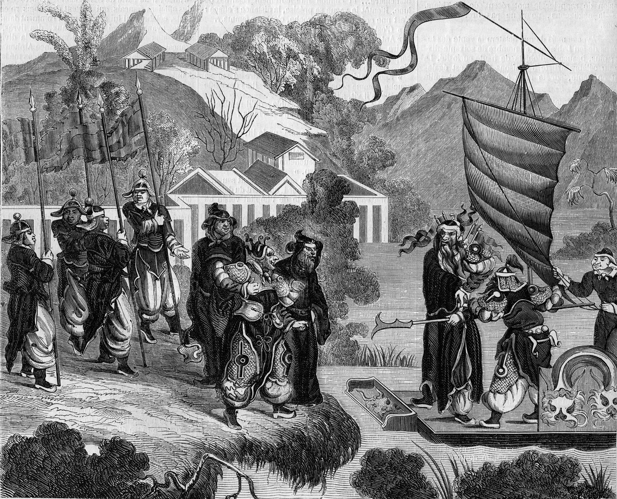 Anden opiumskrig mellem Frankrig og England og Kina (1858-1860): Kinesisk karikatur af konflikten. En båd er klar til at nærme sig kysten under en gruppe kineseres hånende blik. Om bord på båden, to tegn, der repræsenterer Frankrig (venstre) og Engl af French School