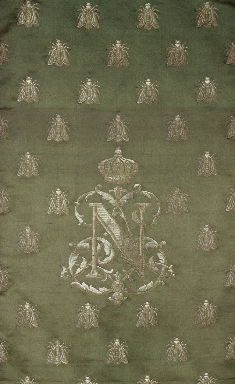 Sektion af grøn og guld damask med emblem og kongelig våbenskjold af Napoleon III (1808-73) af French School