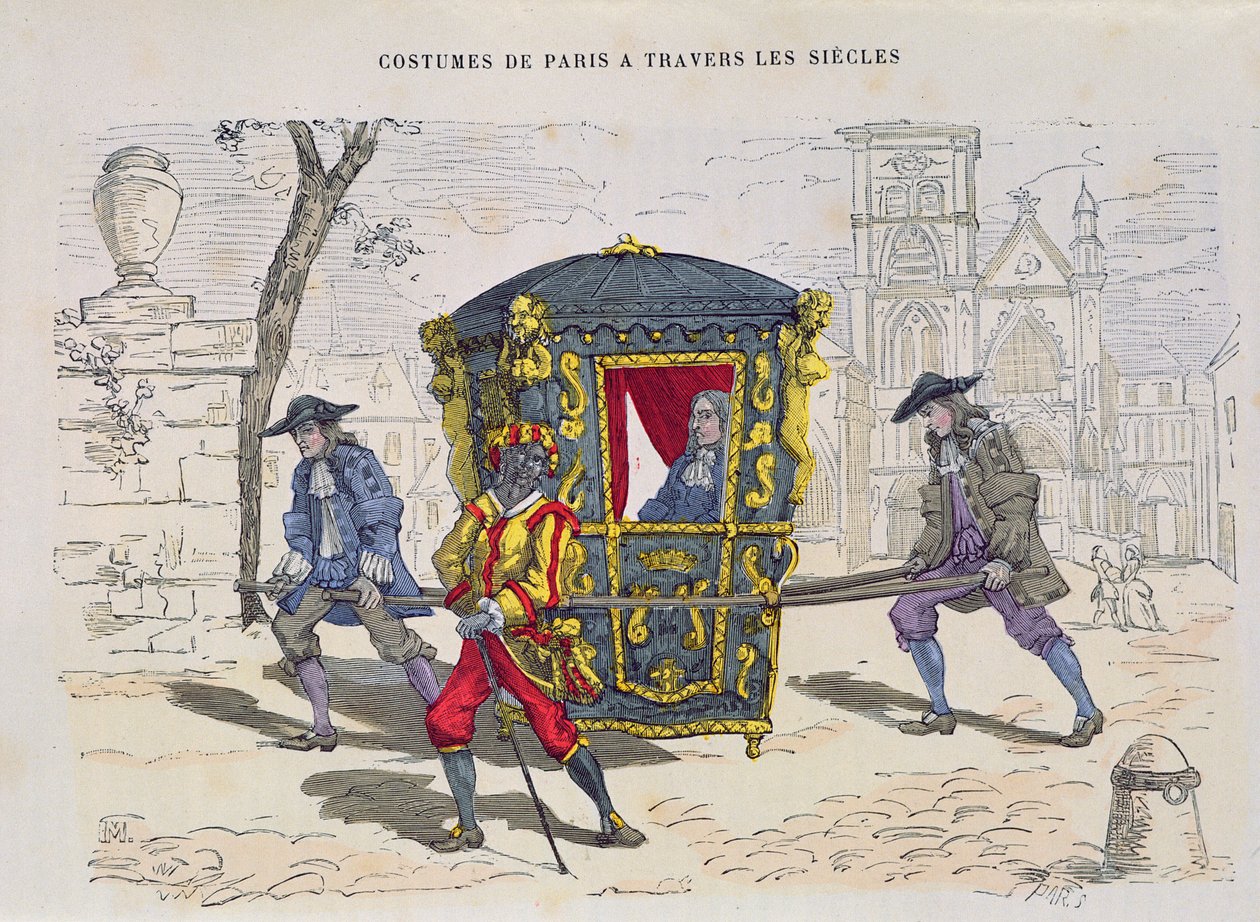 Sedan stol i det sekstende århundrede, fra Costumes de Paris a Travers les Siecles, udgivet 1887 (farvegravering) af French School