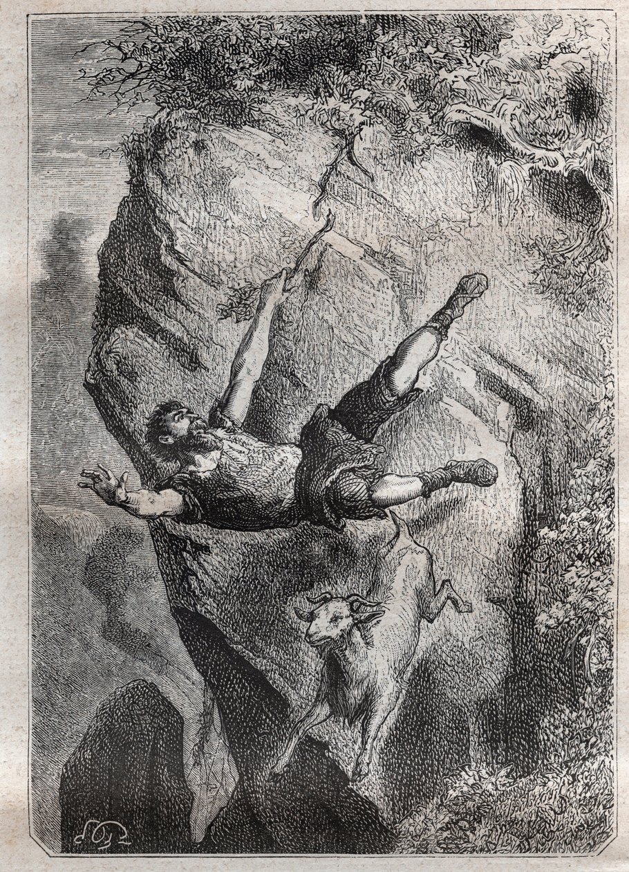 Selkirk rullede op og ned med sit bytte; et eventyr af Alexandre Selkirk (Alexander Selcraig) (1676-1721), en skotsk sømand forladt på øen Juan-Fernandez i Stillehavet i fire år, hvis eventyr inspirerede Daniel Defoes roman Rob af French School