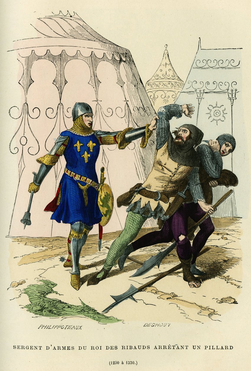 Sergent-at-våben af kongen af ribauds (leder af den irregulære milits oprettet omkring 1189 af Philippe Auguste (eller Philippe II af Frankrig 1165-1223), med visse politifunktioner) arrestere en plyndrer (1290 til 1330). Farvegravering, i "Frankrig af French School