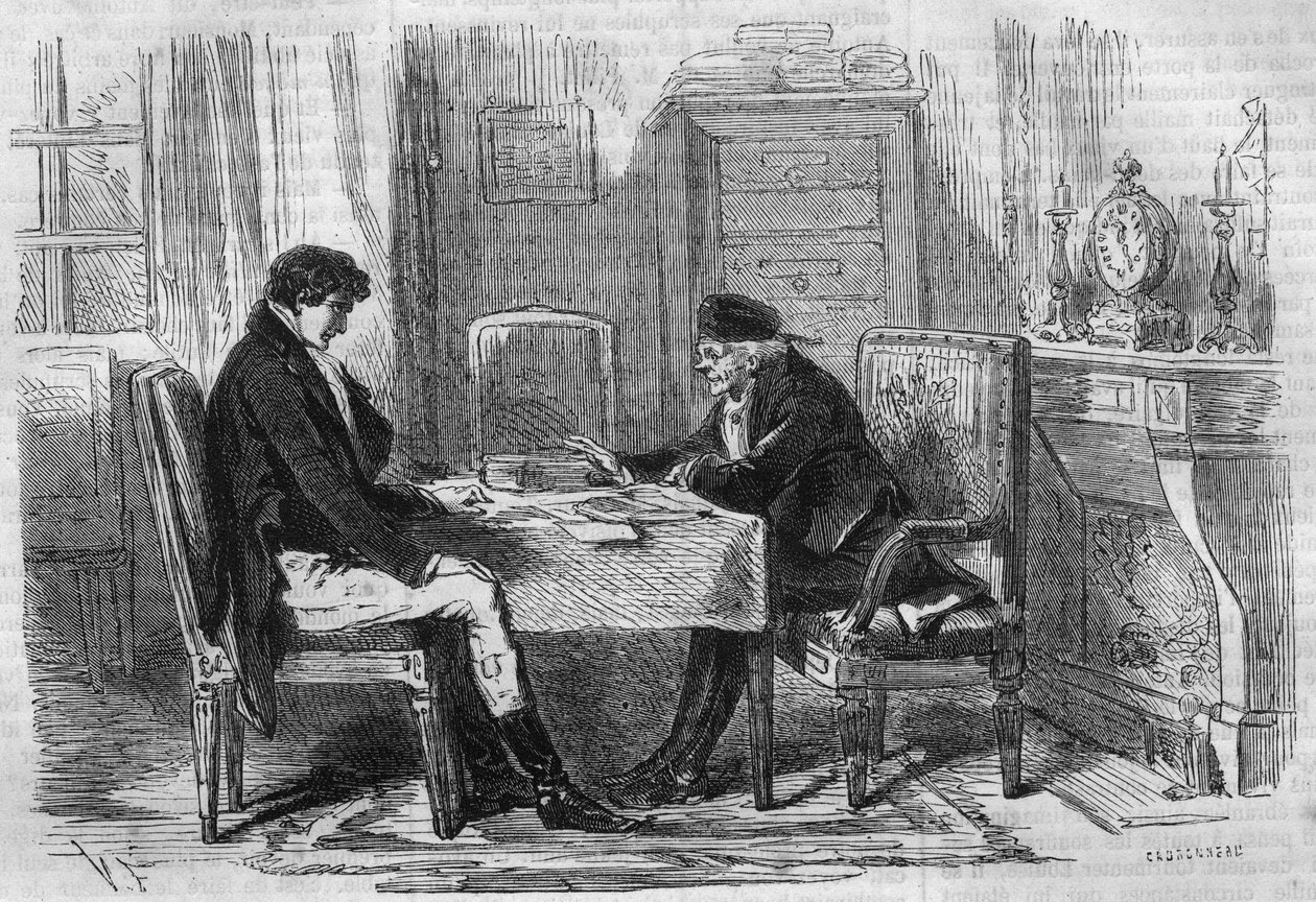 Serieroman: ""Rig og Fattig"" af Emile Souvestre (1806-1854). To mænd taler: "Skrupler har aldrig tortureret nogen." Indgravering i "" Les bons romances"" af French School