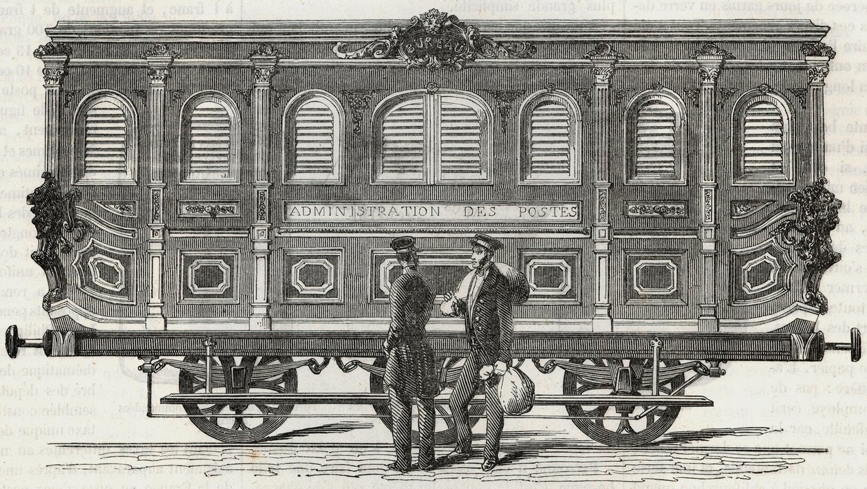 Postkontor - udvendigt billede af det mobile kontor - Gravering i "Tableau-de-Paris" af Edmond Texier 1852 af French School