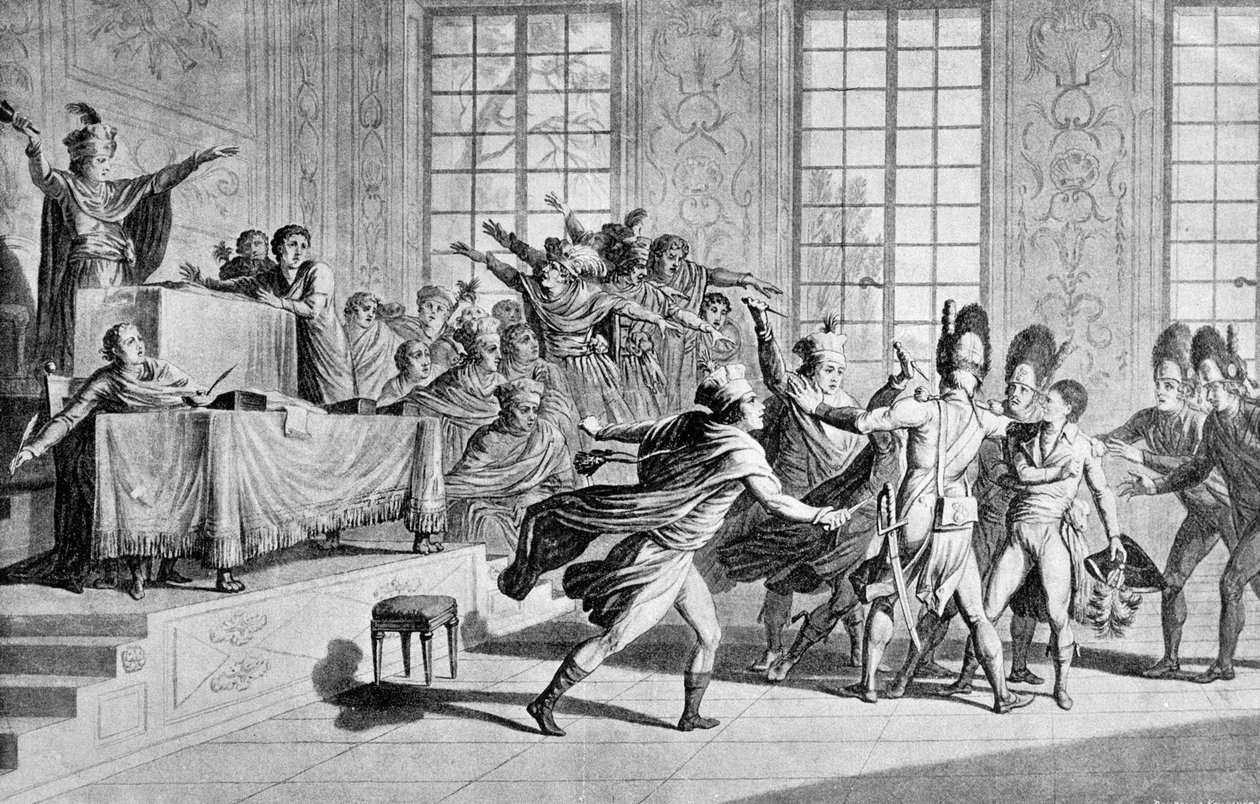 Møde af den lovgivende forsamling på orangerie de St Cloud: Bonapartes optræden og befrielsesdagen for det 18. tåge år VIII i kammeret for Rådet for Fem Cents (Fem Cents) (Værelse til 500) af French School