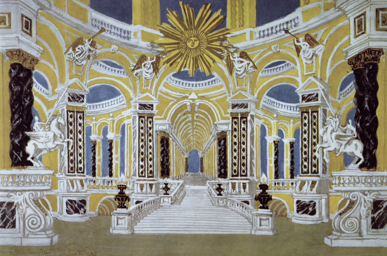 Scenografi til Tryllefløjten af Wolfgang Amadeus Mozart (1756-91) af French School