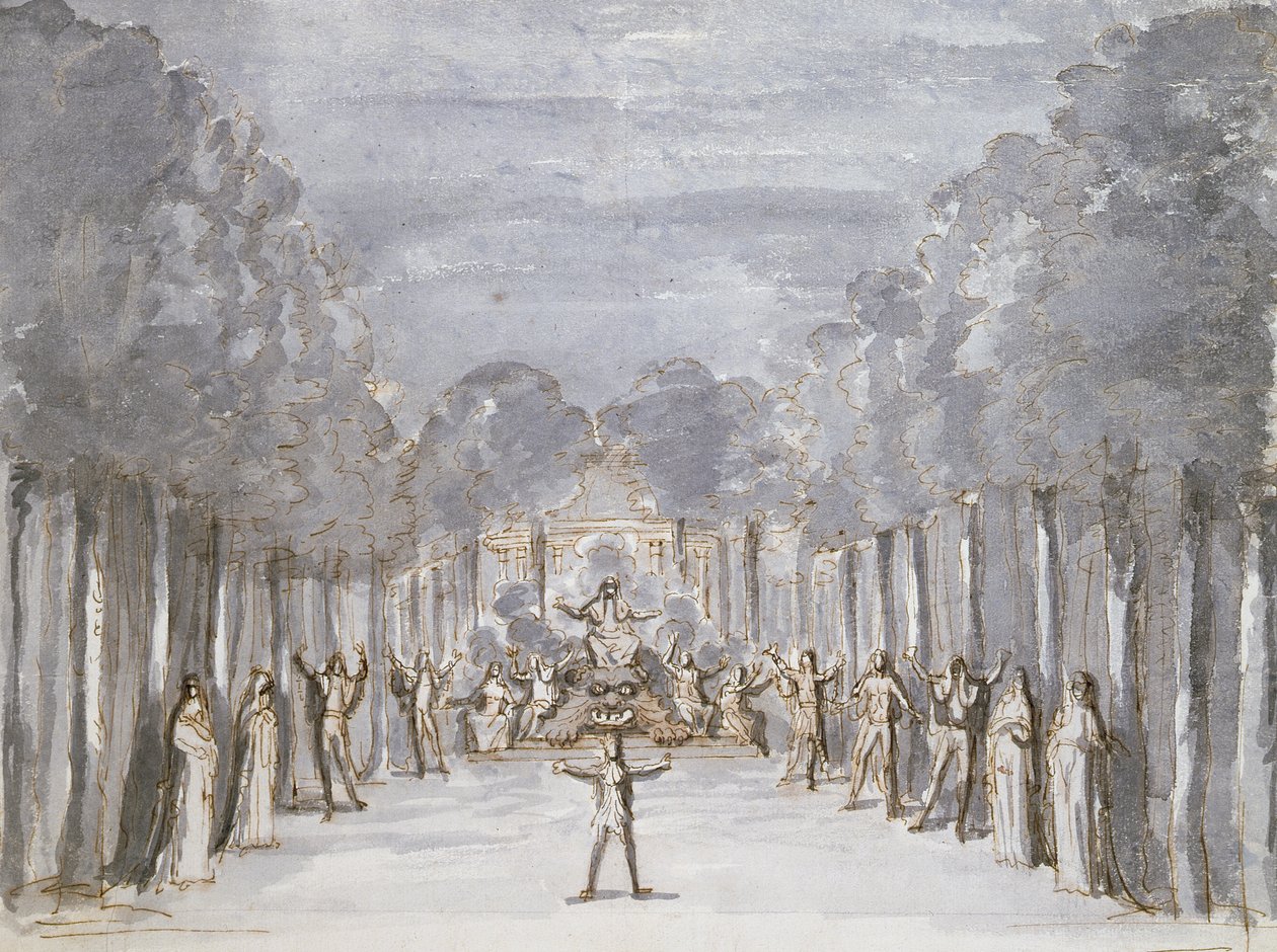 Scenografi til en opera fra en kollektion med titlen Les Menus Plaisirs du Roi (pen og blæk & wc på papir) af French School