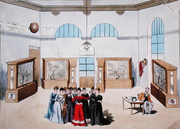 Scenografi til en operette med kvindelige operatører i en central telefoncentral. slutningen af det 19. århundrede (farve litho) af French School