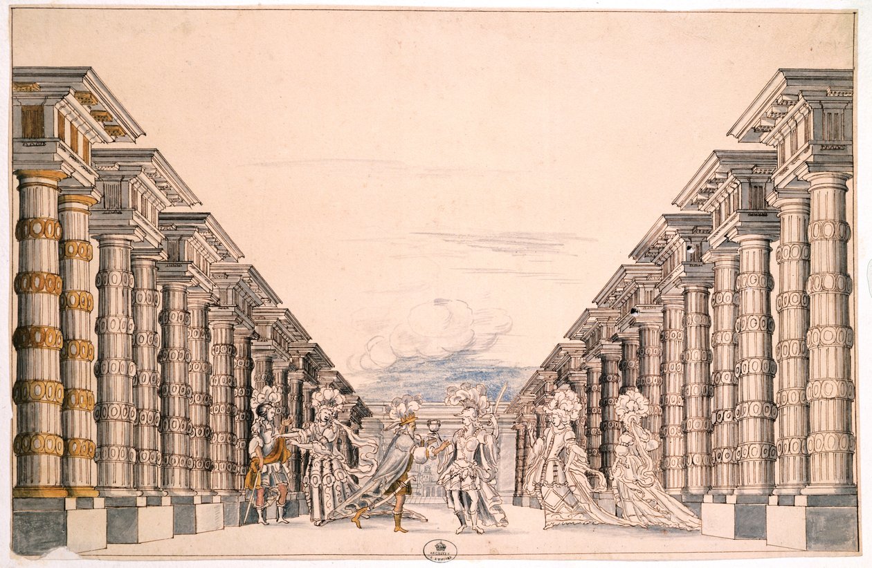 Scenografi til et uidentificeret skuespil, taget fra en samling med titlen Menus Plaisirs du Roi (pen & blæk og akvarel på papir) af French School