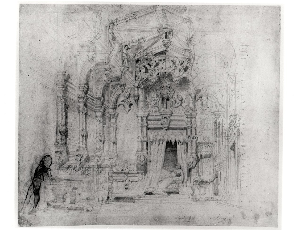 Scenografi til den første produktion af Angelo, tyran de Padoue af Victor Hugo (1802-85), 1835 (pen og blæk på papir) af French School
