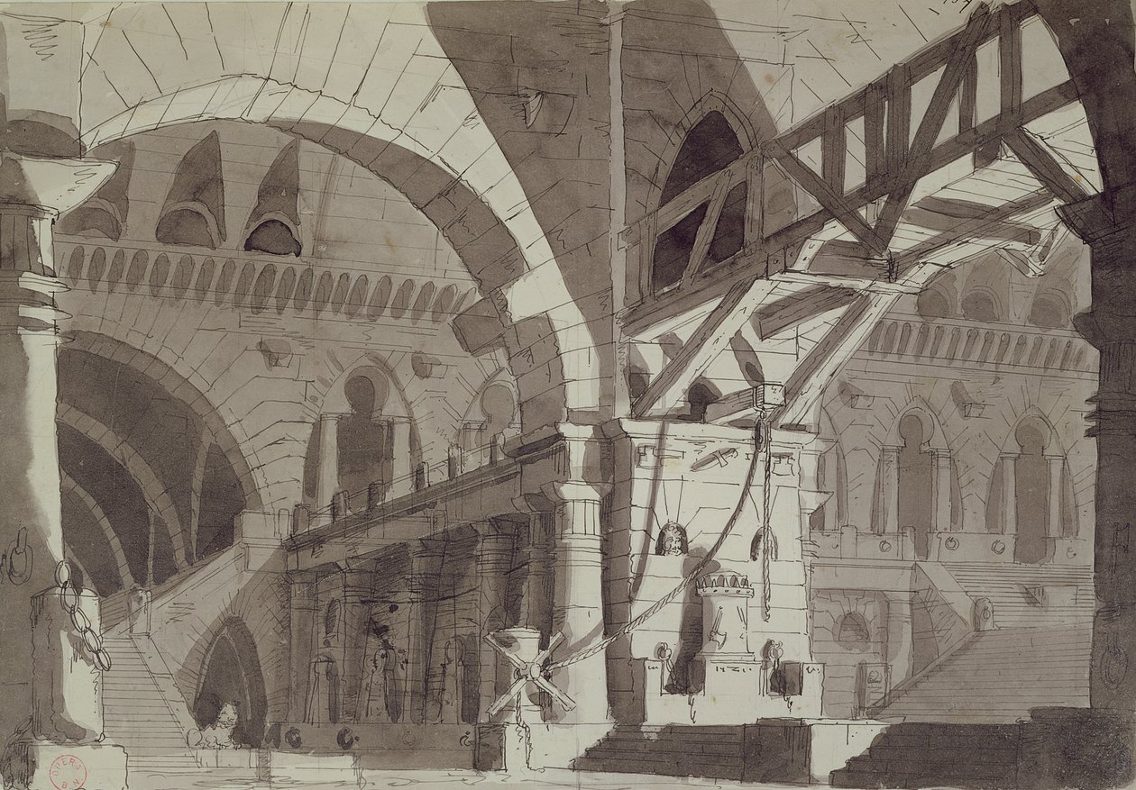 Scenografi i stil med Piranesis fængselstegninger, ca. 1800 (pen, blæk og vask) af French School