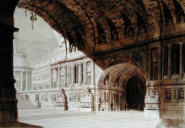 Scenografi inspireret af antikken, ca. 1800 (pen & blæk og akvarel på papir) af French School