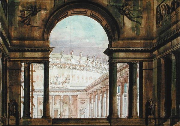 Scenografi inspireret af antikken, ca. 1800 (pen & blæk og akvarel på papir) af French School