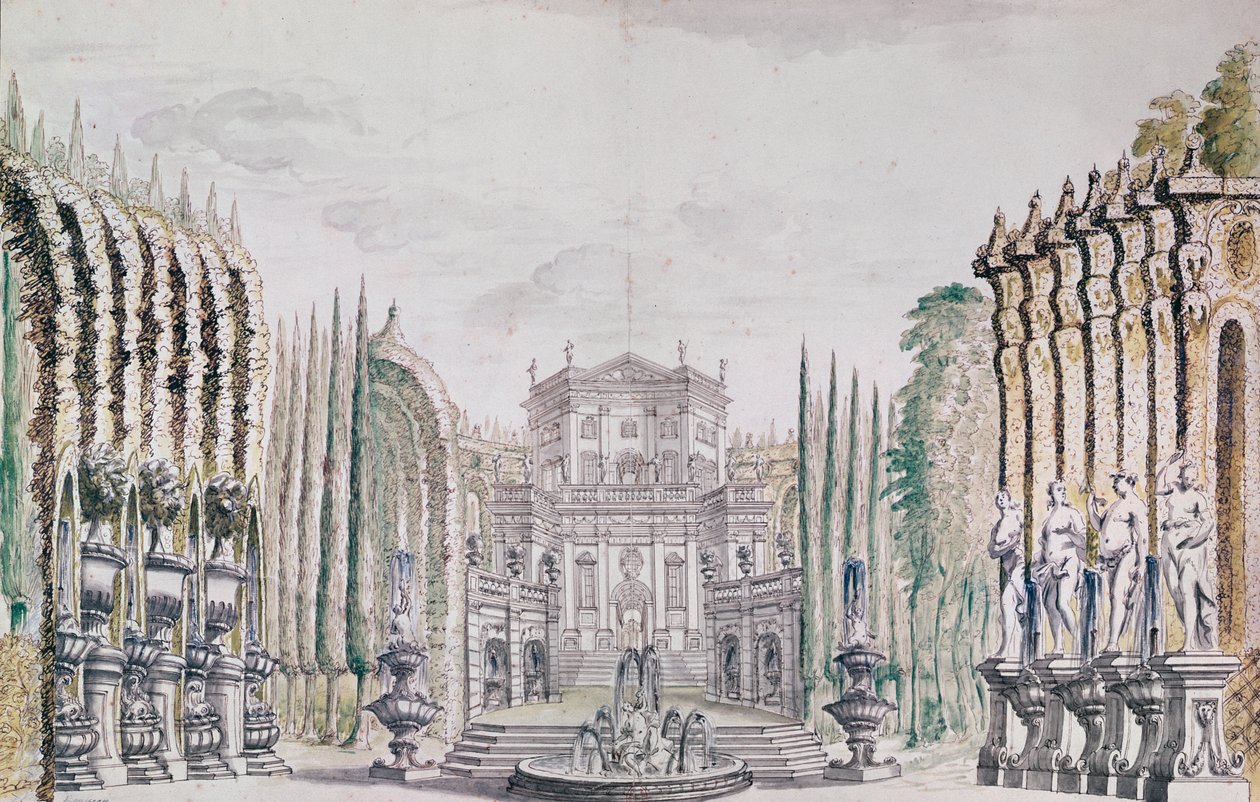 Scenografi af et palads til et teater, ca. 1660-80 (pen & blæk og wc på papir) af French School