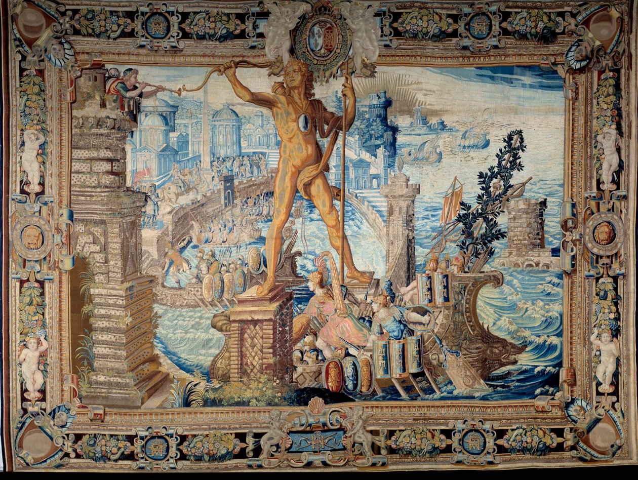 Verdens syv vidundere: Kolossen på Rhodos (statue af Helios). Tapet lavet af gobelinernes værksted. Paris fra det 17. århundrede, Musee des Gobelins af French School