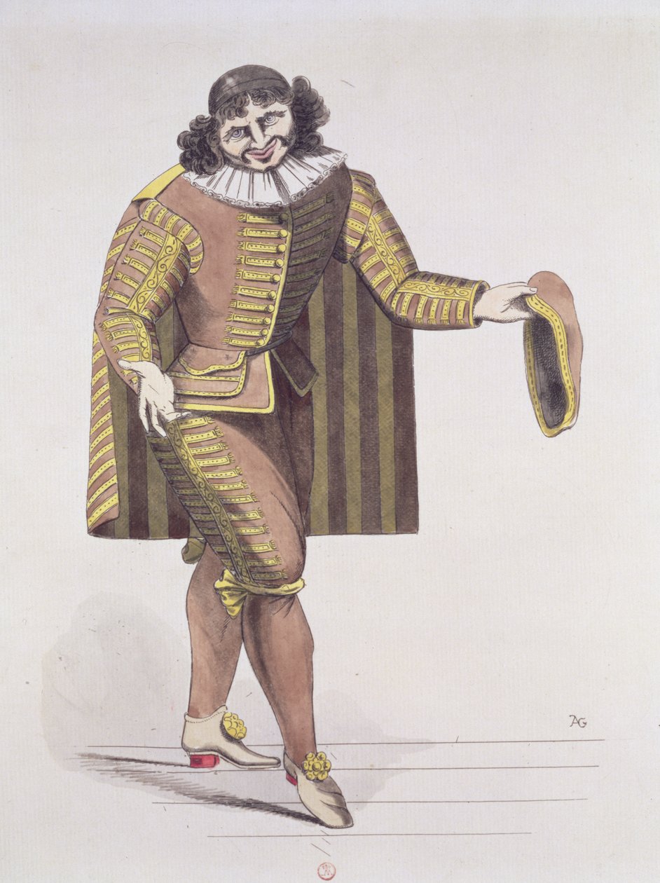 Sganarelle i LEcole des Maris af Moliere, premiere 24. juni 1661 på Palais-Royal Theatre, Paris (pen, blæk & wc på papir) af French School