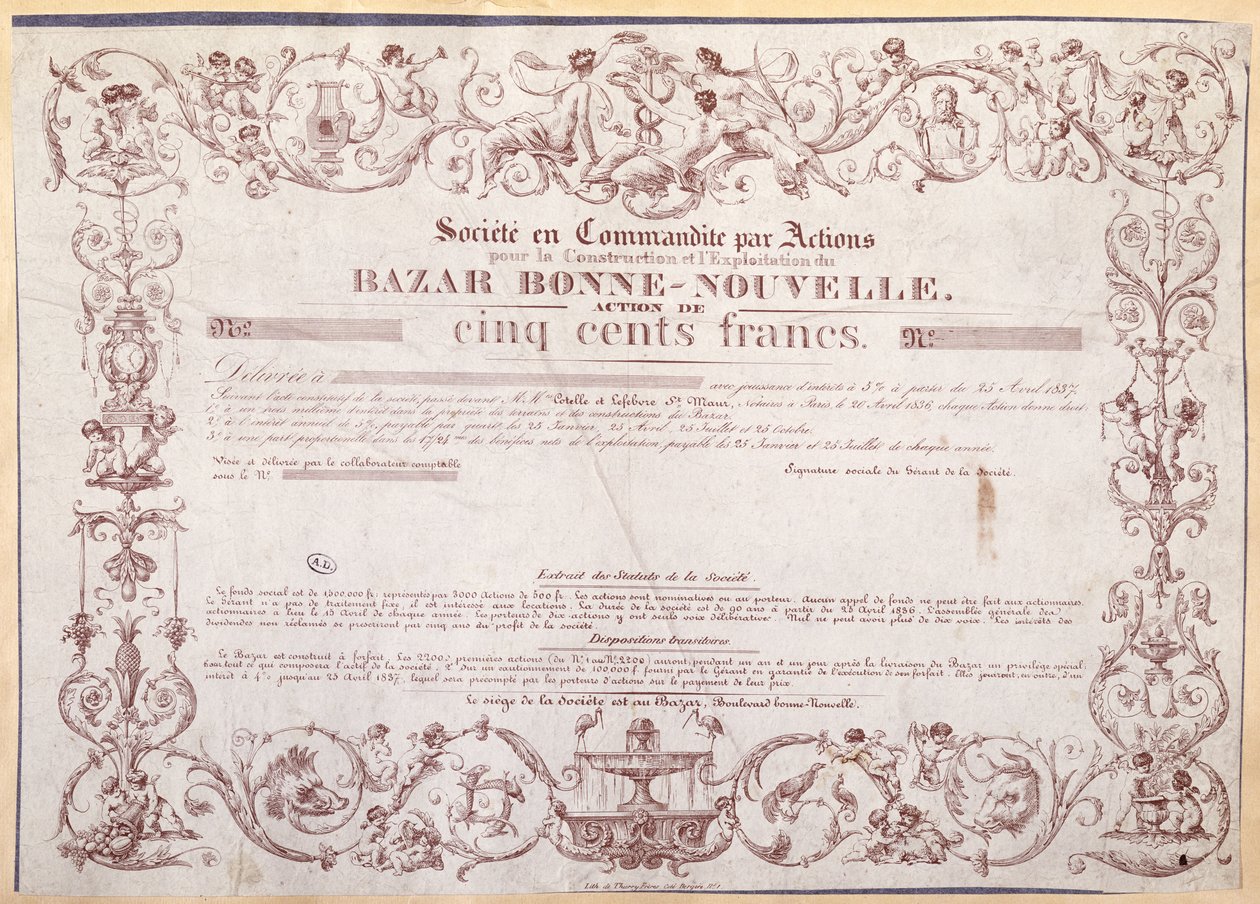Aktiebevis for 500 francs for Bazar Bonne-Nouvelle, 1836 af French School