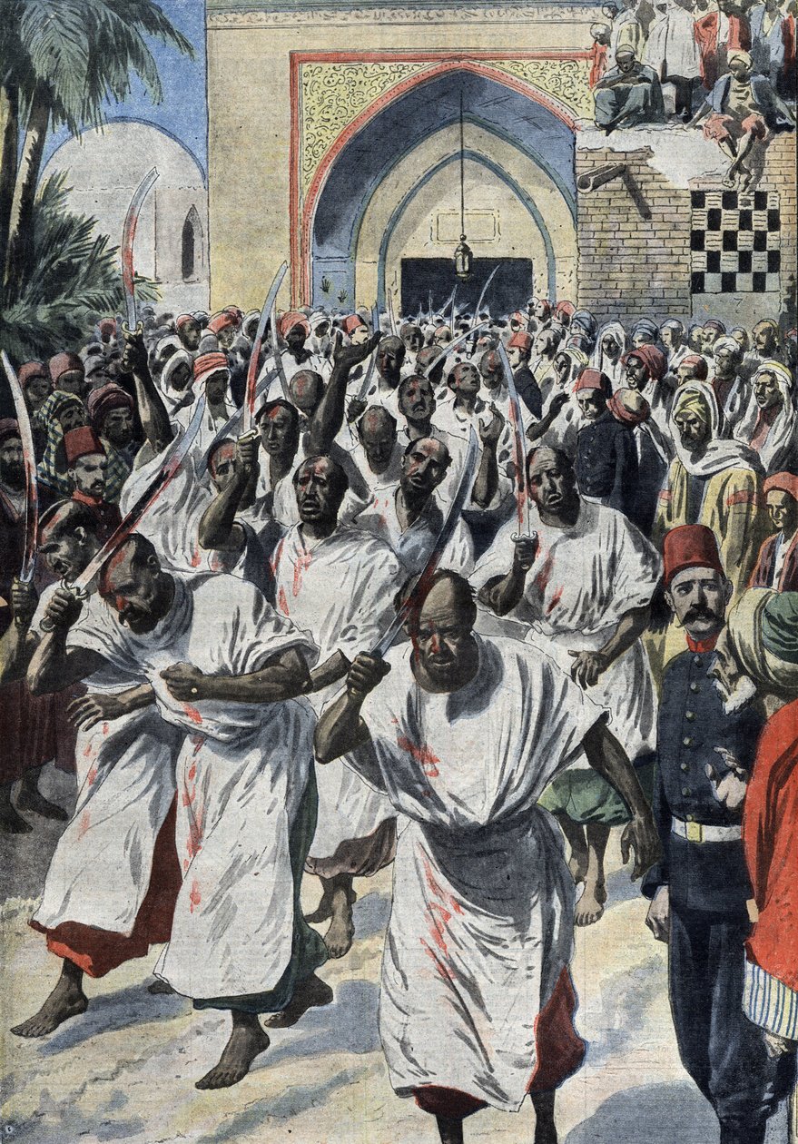 Shiitiske muslimer på pilgrimsrejse ved Karbala (Irak), ved Husayns grav - "Le Petit journal", april 1909 (gravering) af French School