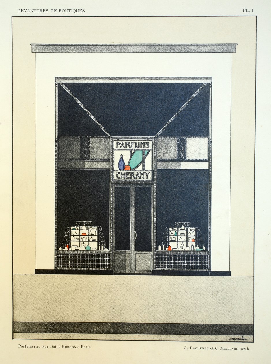 Butiksfront, plade 1, illustration fra Devantures de Boutiques af Louis-Pierre Sezille, Paris, 1927 af French School