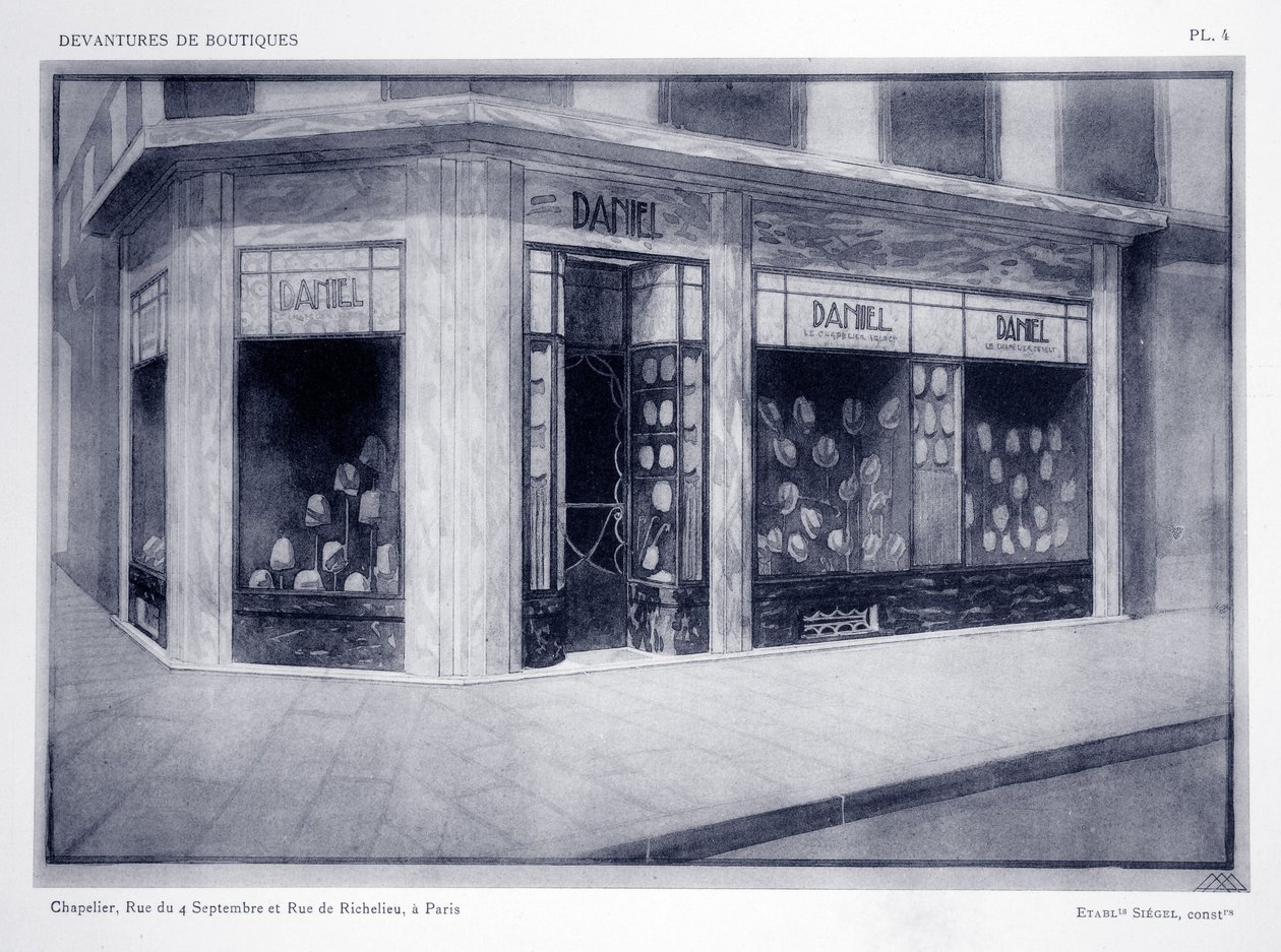 Butiksfront, plade 4, illustration fra Devantures de Boutiques af Louis-Pierre Sezille, Paris, 1927 af French School