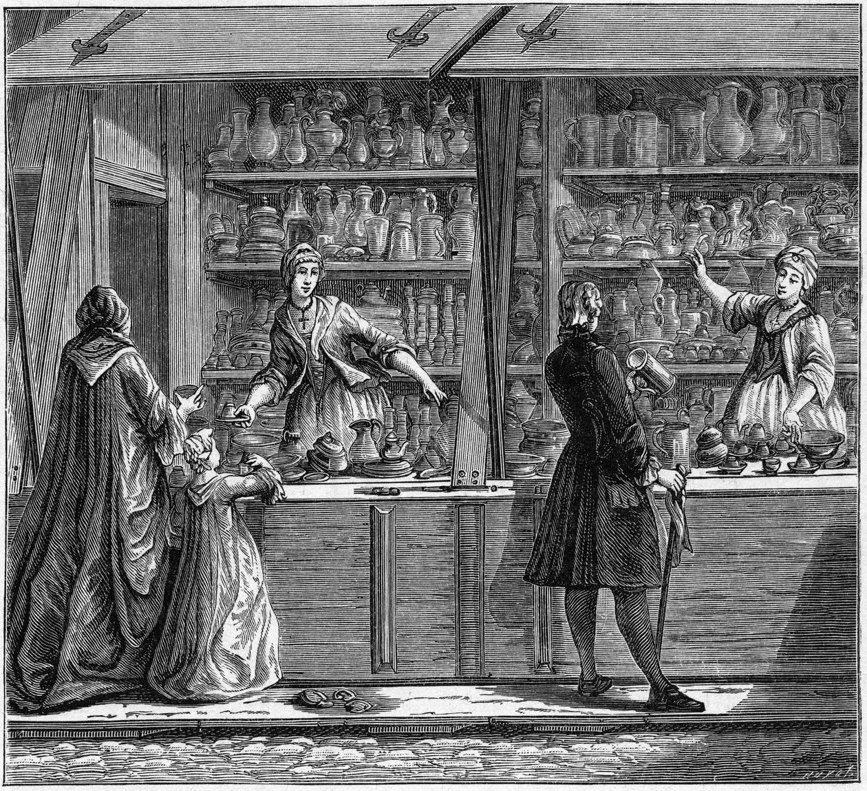 Butik af en blikkeramiker i det 18. århundrede. Gravering i "La Marine et les kolonier: handel" af French School