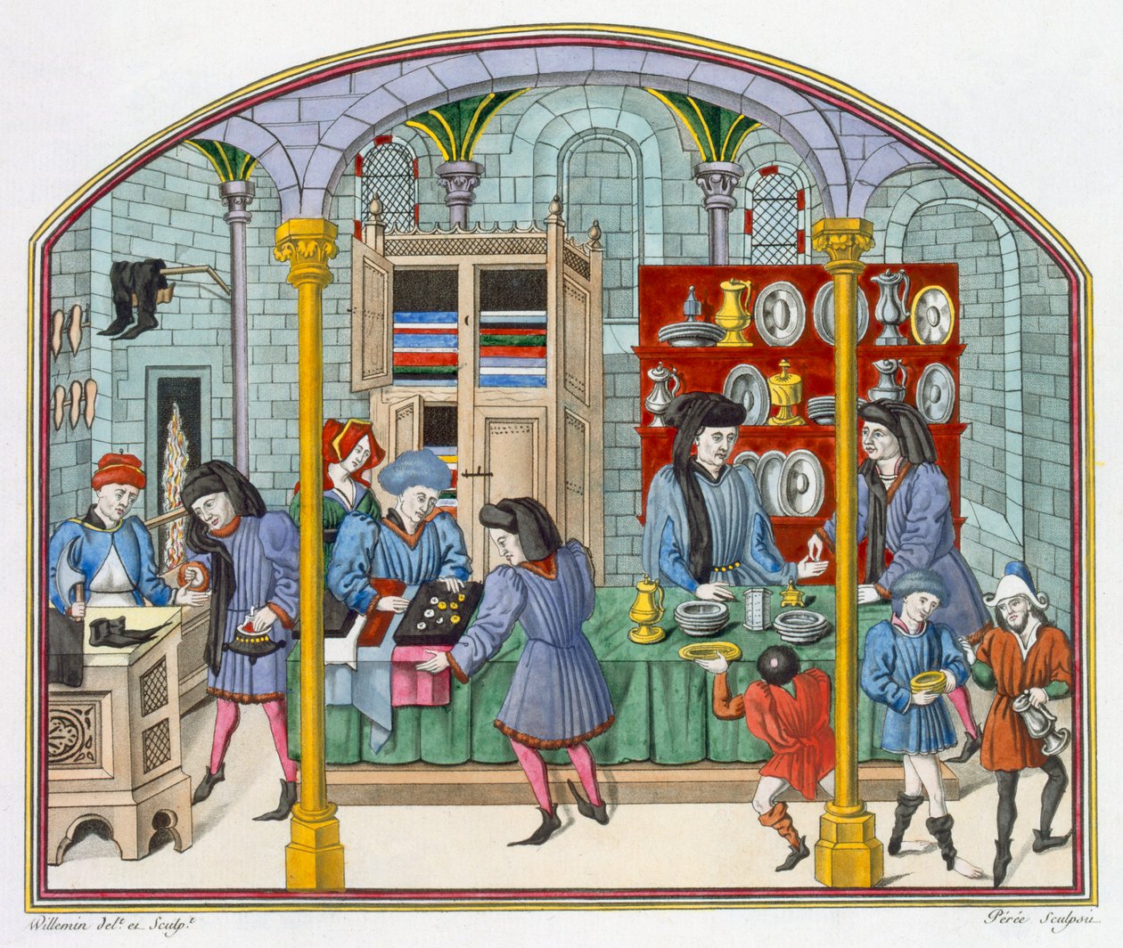 Butikker under et overdækket marked, efter en miniature i en oversættelse fra det 14. århundrede af Aristoteles
