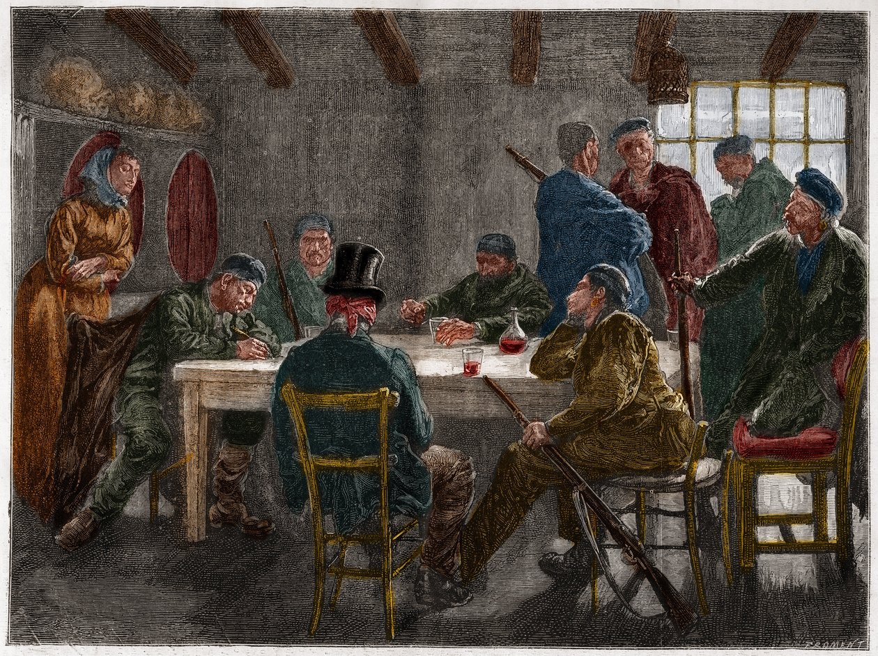 Siciliansk mafia i 1800-tallet: Forhør af en godsejer ophævet af sicilianske mafiosi i 1873. Stik fra 1873. af French School
