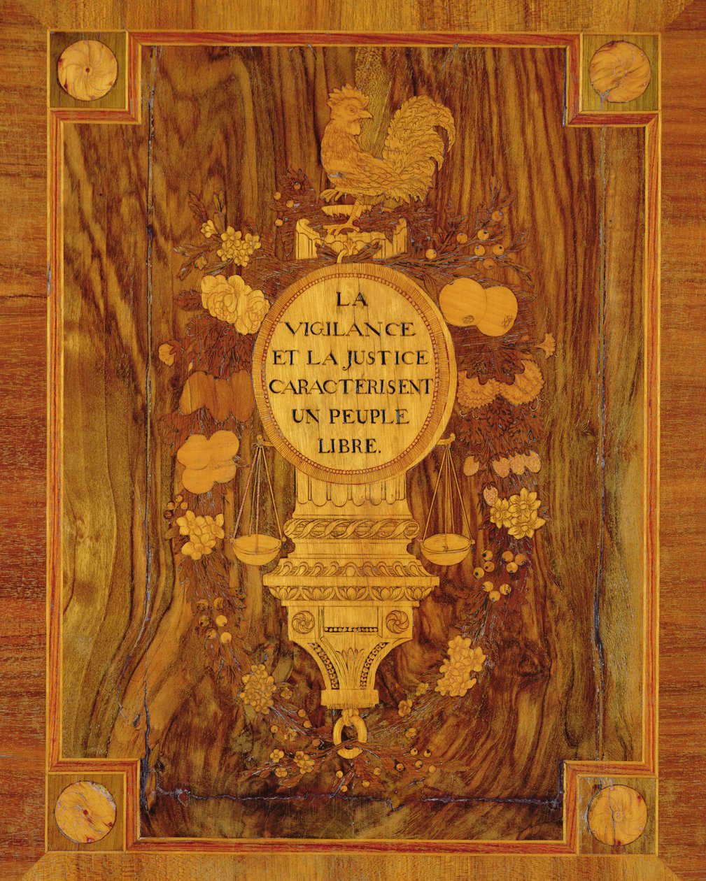 Skænk med en marquetry-detalje af et revolutionært våbenskjold, emblemer og anordninger af Vigilance and Justice (træ) af French School