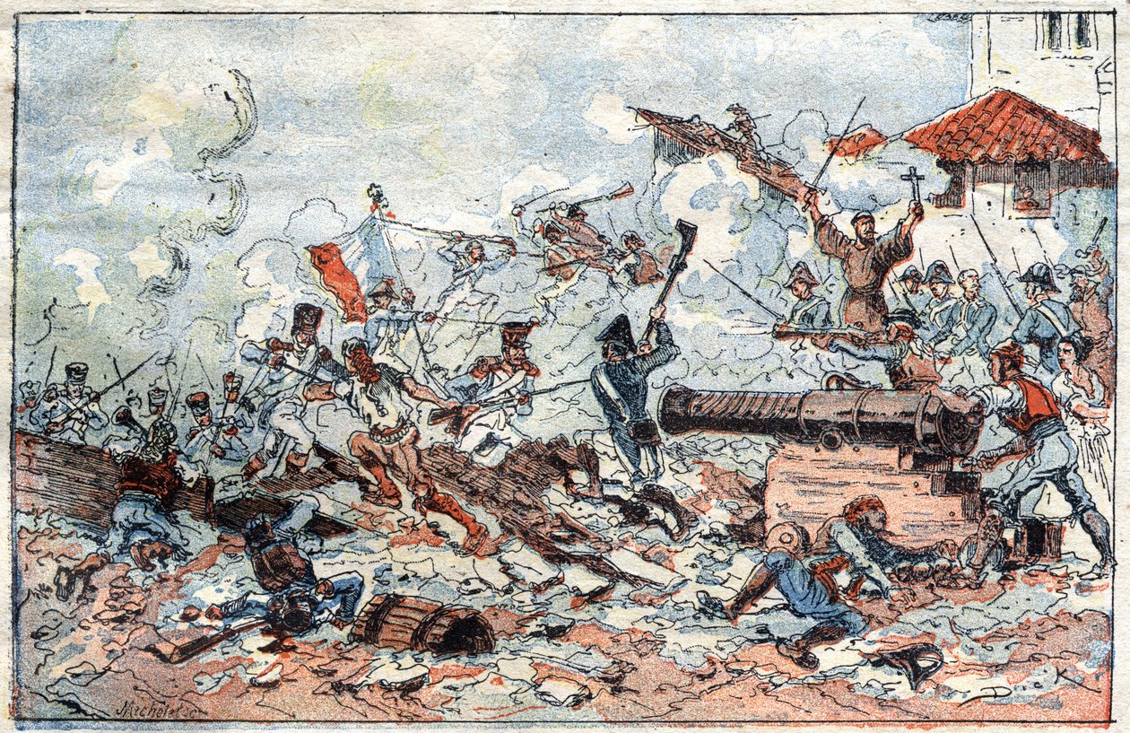 Belejring og erobring af Zaragoza (Zaragoza) i Spanien i februar 1809 af Napoleonstropperne. Indgravering af det 19. århundrede. af French School