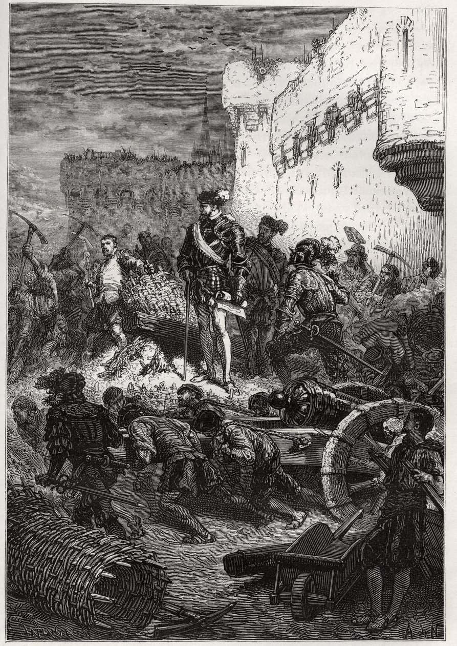 Siege de Metz (1552) - Francois de Guise og værkerne på voldene i Metz - gravering fra "" Frankrigs historie fortalt til mine børnebørn"" - af Francois Guizot - 1872-1876 af French School