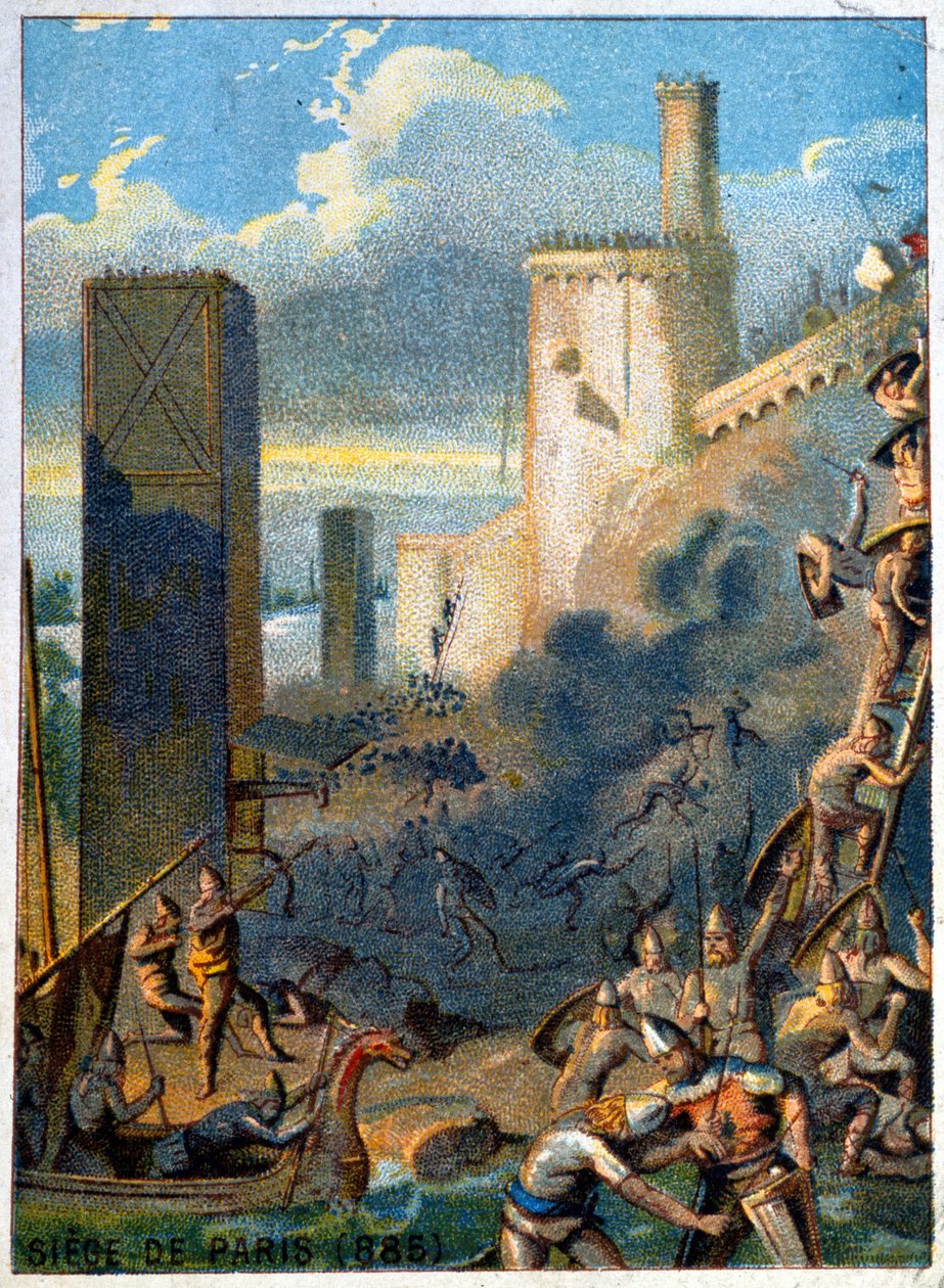 Belejring af Paris (885) af normannerne (vikingen). Chromolithography of the Series "" Patriotic Education through Image "". af French School