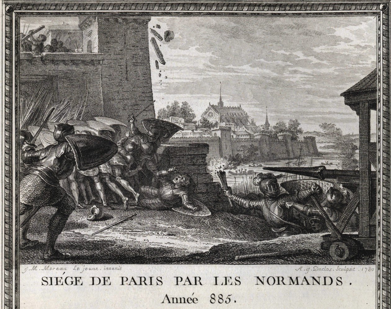 Normannernes belejring af Paris, år 885. Indgravering fra "Figures de l