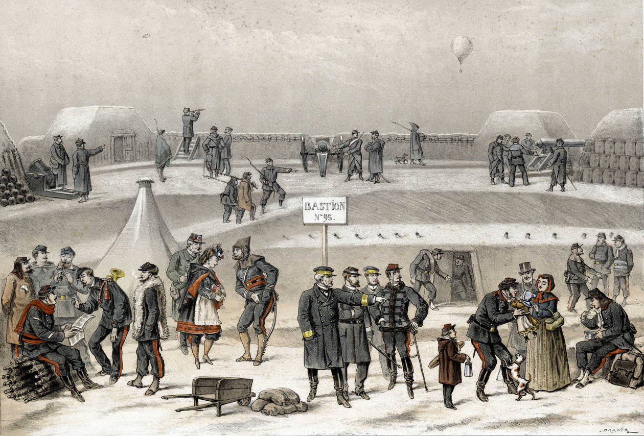 Belejring af Paris i 1870 under krigen 1870-1871. Soldaterne forbereder forsvaret af byen: man kan se en soldat i bunkeren. af French School