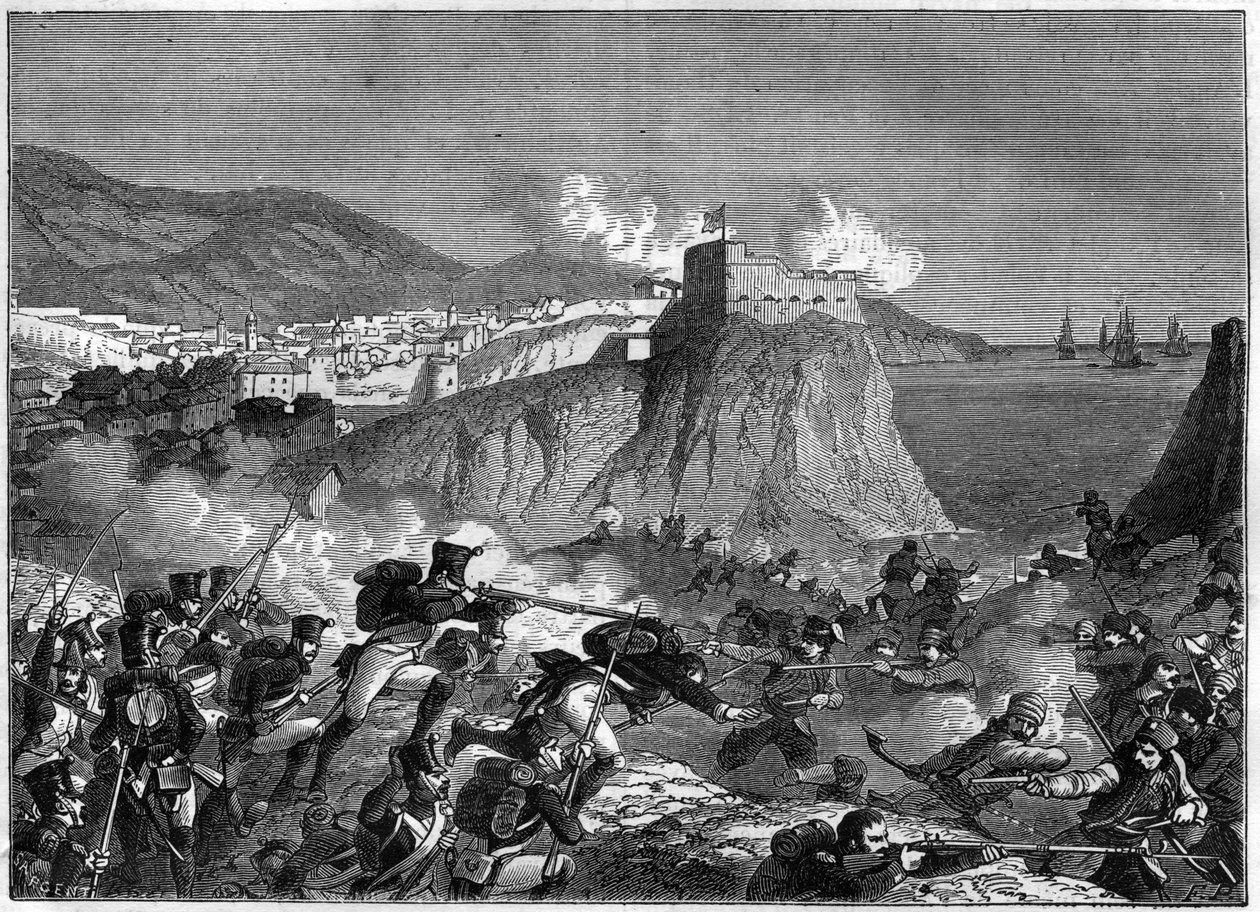Belejring af Ragusa (Republikken Ragusa) (Ragusa på kroatisk Dubrovnik) under Napoleonskrigene i maj og juni 1806 (Dalmatien-kampagne af general Molitor og Lauriston) - i "" Imperiets historie efter konsulatets historie"" af Adolphe Thier af French School