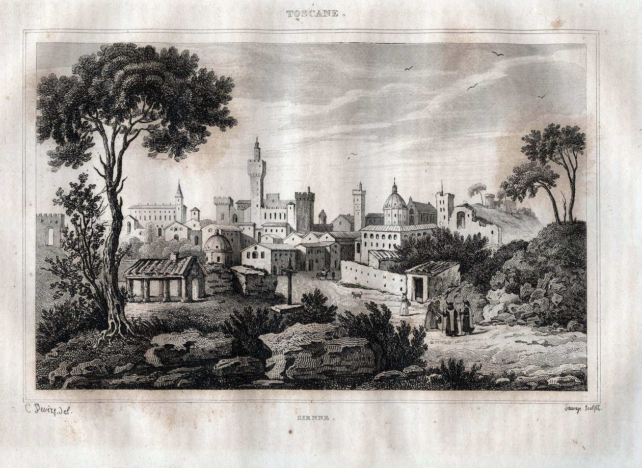Siena - Siena - Toscana - Toscana - Gravering fra "" Det maleriske Italien"" af M. de Norvins, Ch. Nodier 1834-1836. af French School