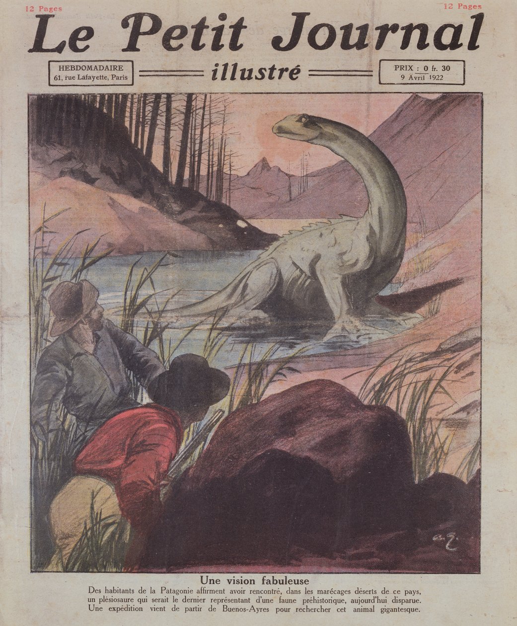 Observation af en Plesiosaurus i Patagonien, forsideillustration af Le Petit Journal, 9. april, 1922 af French School