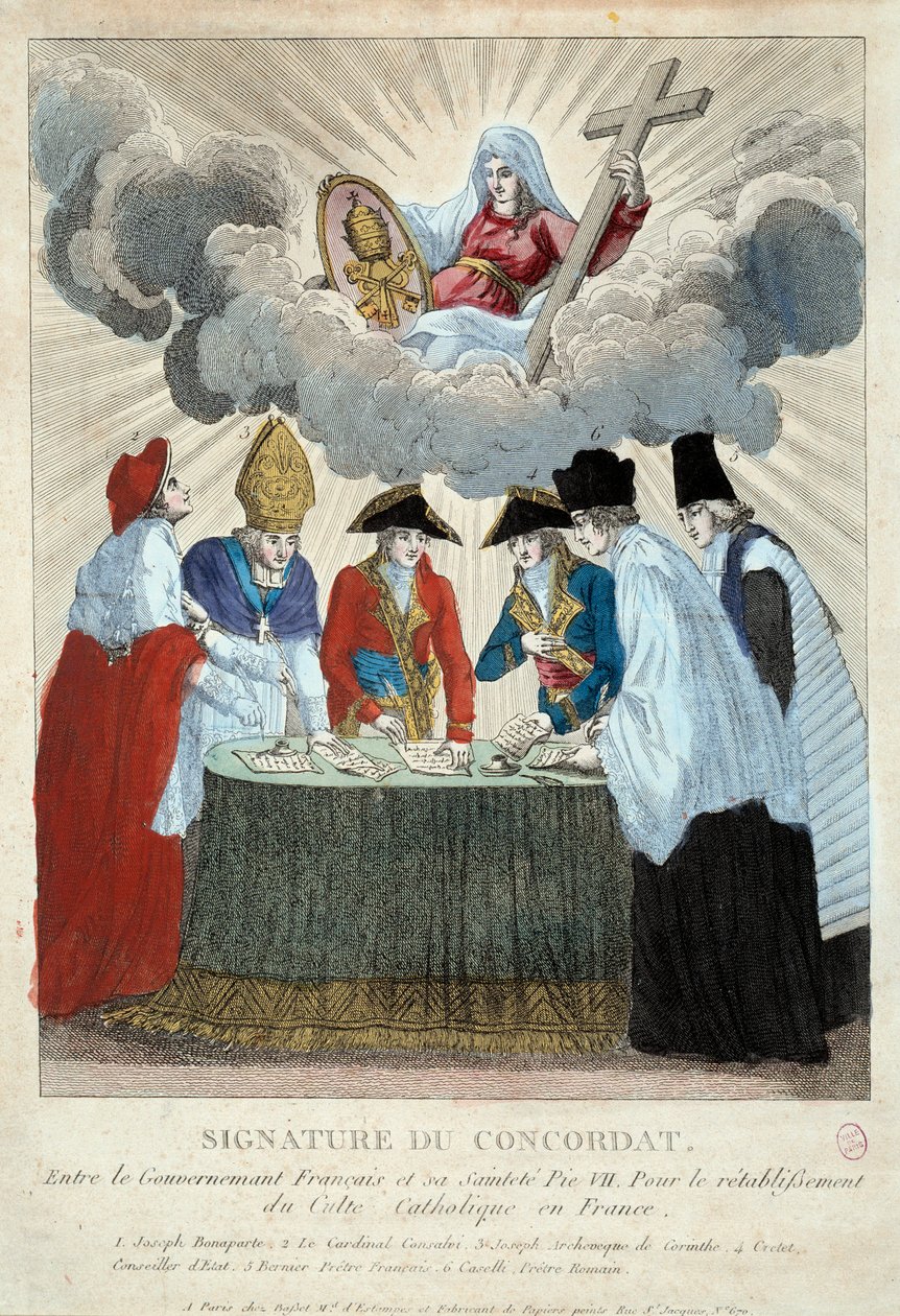 Underskrift af konkordatet af 1801 den 15/07/1801: det er underskrevet mellem den franske regering (her repræsenteret af Joseph Bonaparte) og Saint Siege (repræsenteret af kardinal Consalvi for pave Pius VII). 1801 Paris, Musee Carnavalet af French School