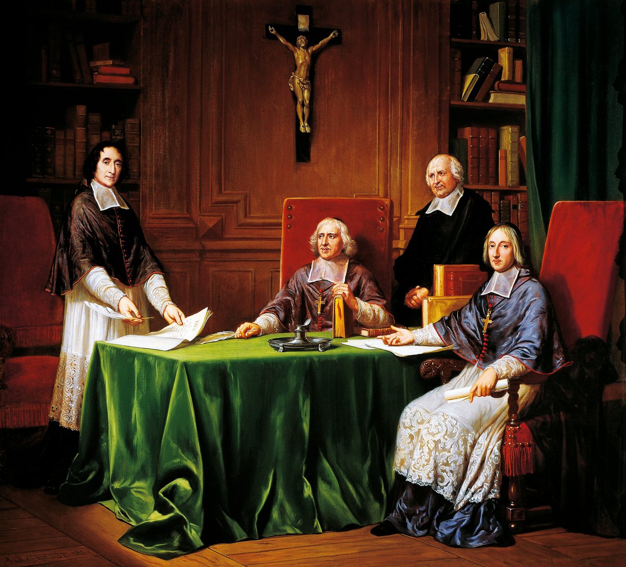 Underskriver artikler om Issy-konferencen afholdt i 1697 mellem Jacques Benigne Bossuet (biskop af Meaux), Louis-Antoine Noailles (biskop af Chalons) Francois Fenelon (ærkebiskop af Cambrai) af French School