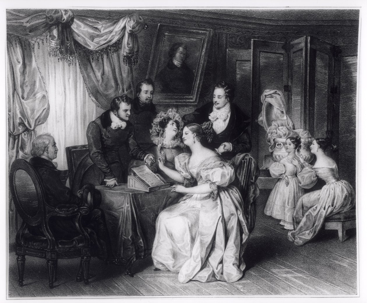 Underskrivelse af ægtepagten på advokatkontoret, ca. 1840 af French School