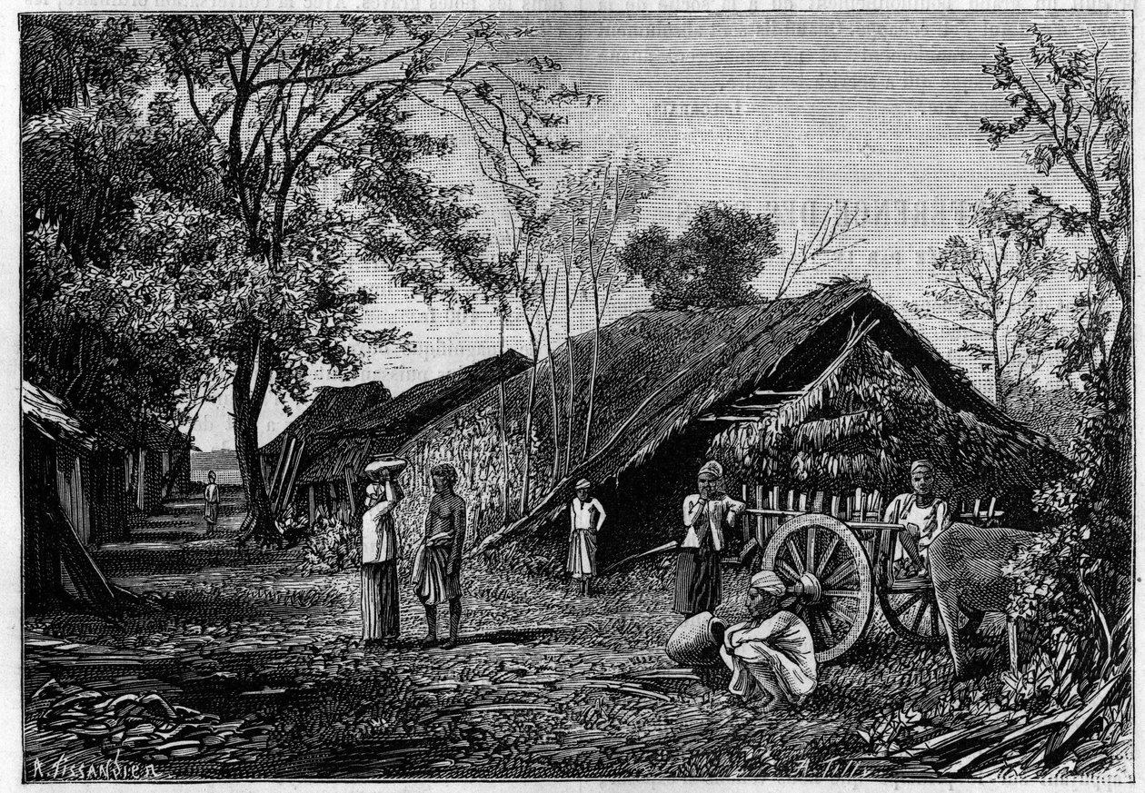 Silkeproduktion i en landsby i nærheden af Mandalay, Burma, hvor silkeorme spundede deres bomuld. (Fra et fotografi af grev Mahe de La Bourdonnais). Indgravering i "" La Nature: revue des sciences et de leurs applications aux arts et a l