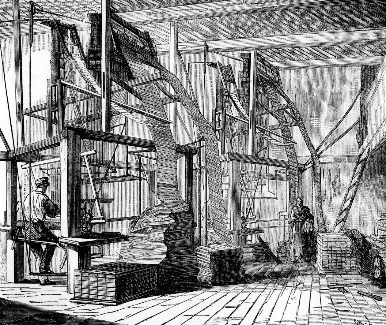 Silkearbejdere i et værksted i Lyon ved hjælp af en jacquardvæv, ca. 1880 af French School